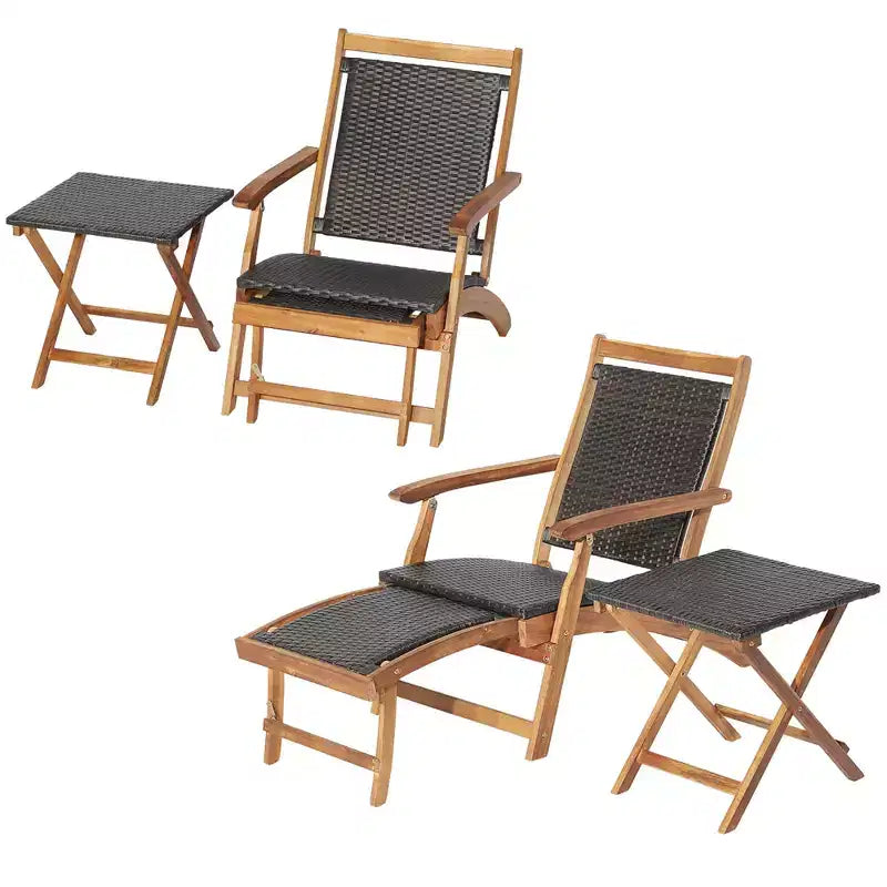 Costway Lot de 4 chaises longues pliantes en rotin pour patio avec table en bois d'acacia et repose-pieds rétractable