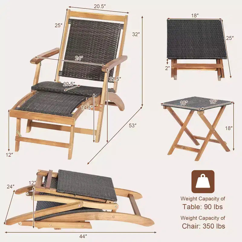 Costway Lot de 4 chaises longues pliantes en rotin pour patio avec table en bois d'acacia et repose-pieds rétractable