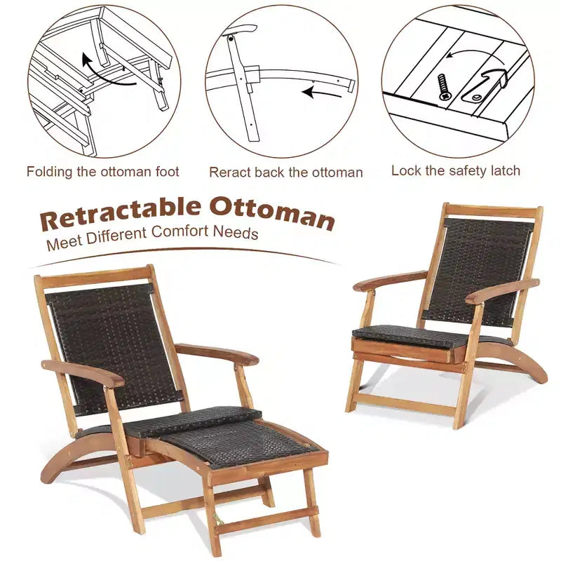 Costway Lot de 4 chaises longues pliantes en rotin pour patio avec table en bois d'acacia et repose-pieds rétractable
