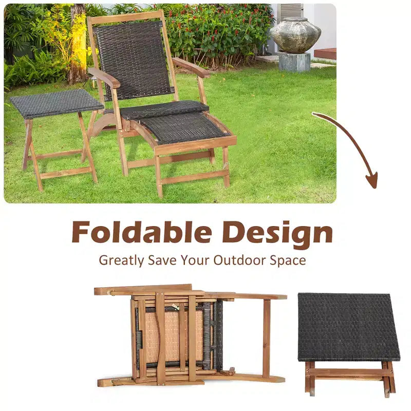 Costway Lot de 4 chaises longues pliantes en rotin pour patio avec table en bois d'acacia et repose-pieds rétractable