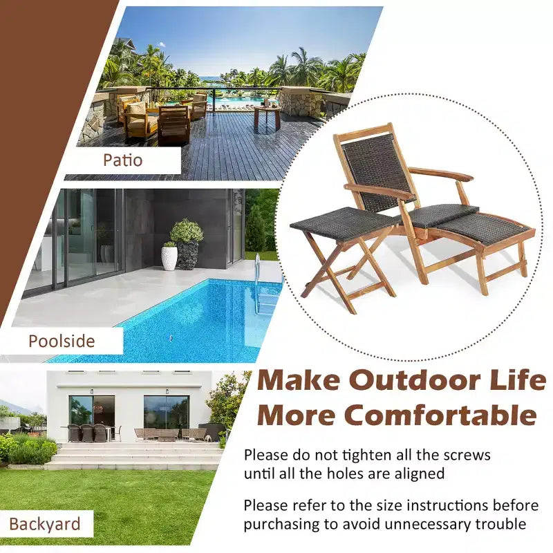 Costway Lot de 4 chaises longues pliantes en rotin pour patio avec table en bois d'acacia et repose-pieds rétractable