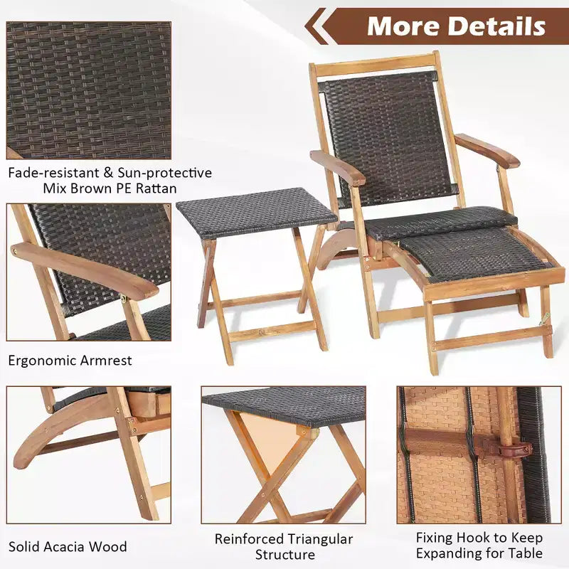 Costway Lot de 4 chaises longues pliantes en rotin pour patio avec table en bois d'acacia et repose-pieds rétractable