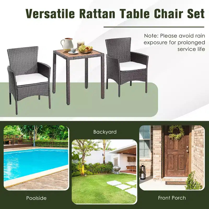 Costway Salon de Jardin 3 Pièces en Rotin, Table Plateau en Bois d'Acacia, Chaises avec Coussins