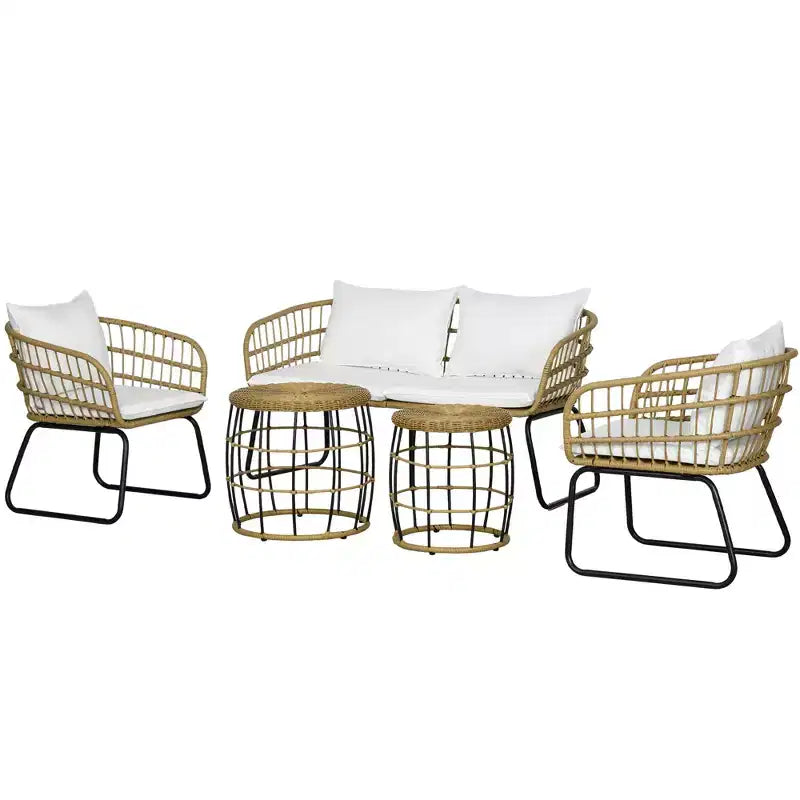 Outsunny Ensemble de mobilier d'extérieur 5 pièces en rotin PE avec chaises rembourrées, canapé deux places et tables basses empilables