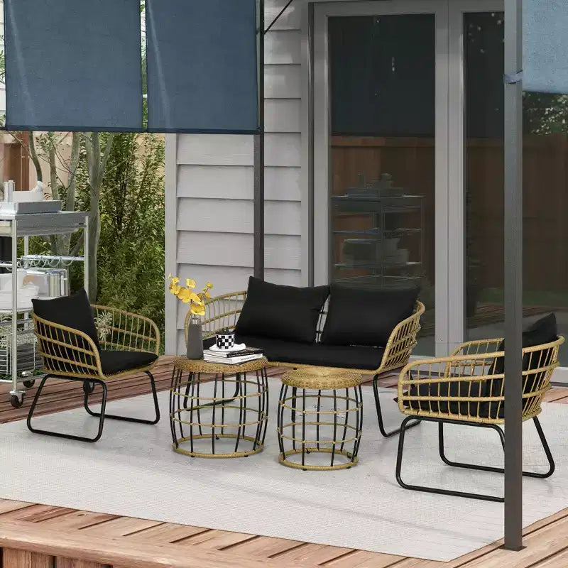 Outsunny Ensemble de mobilier d'extérieur 5 pièces en rotin PE avec chaises rembourrées, canapé deux places et tables basses empilables