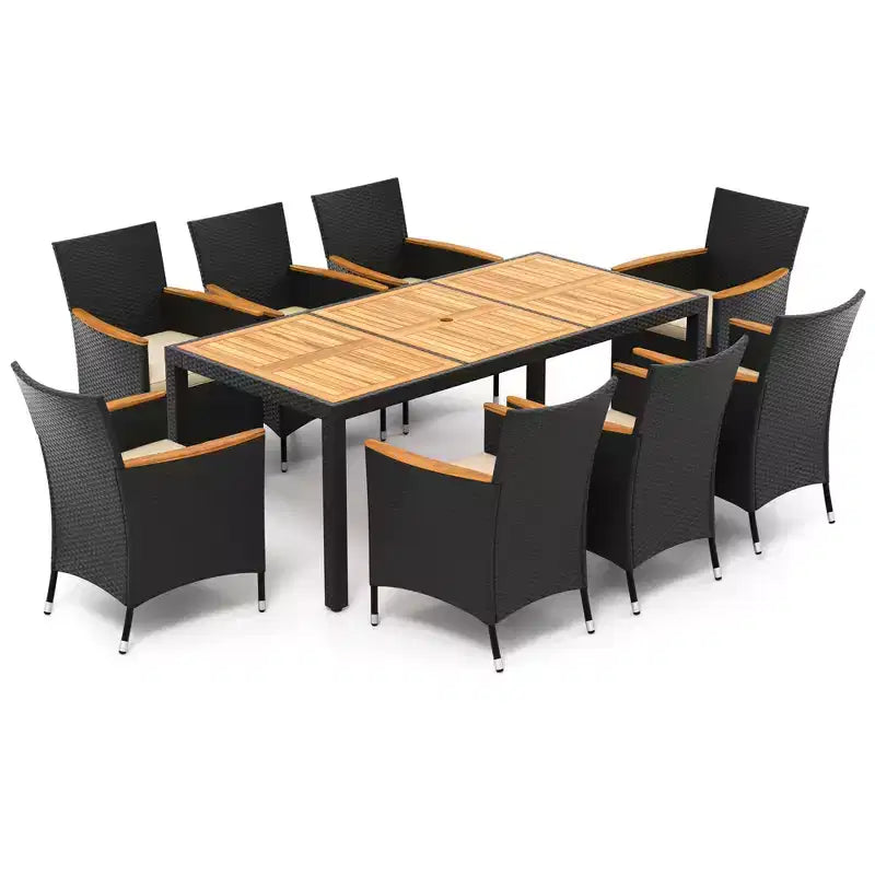 Ensemble de salle à manger d'extérieur 9 pièces Costway avec plateau de table en bois d'acacia, trou pour parasol, coussins d'assise