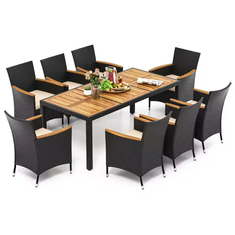 Ensemble de salle à manger d'extérieur 9 pièces Costway avec plateau de table en bois d'acacia, trou pour parasol, coussins d'assise