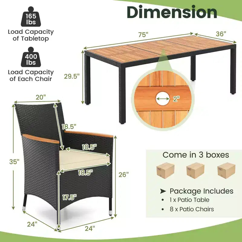 Ensemble de salle à manger d'extérieur 9 pièces Costway avec plateau de table en bois d'acacia, trou pour parasol, coussins d'assise