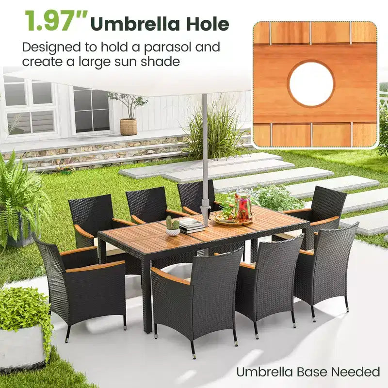 Ensemble de salle à manger d'extérieur 9 pièces Costway avec plateau de table en bois d'acacia, trou pour parasol, coussins d'assise
