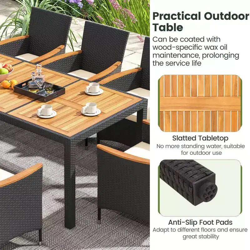 Ensemble de salle à manger d'extérieur 9 pièces Costway avec plateau de table en bois d'acacia, trou pour parasol, coussins d'assise