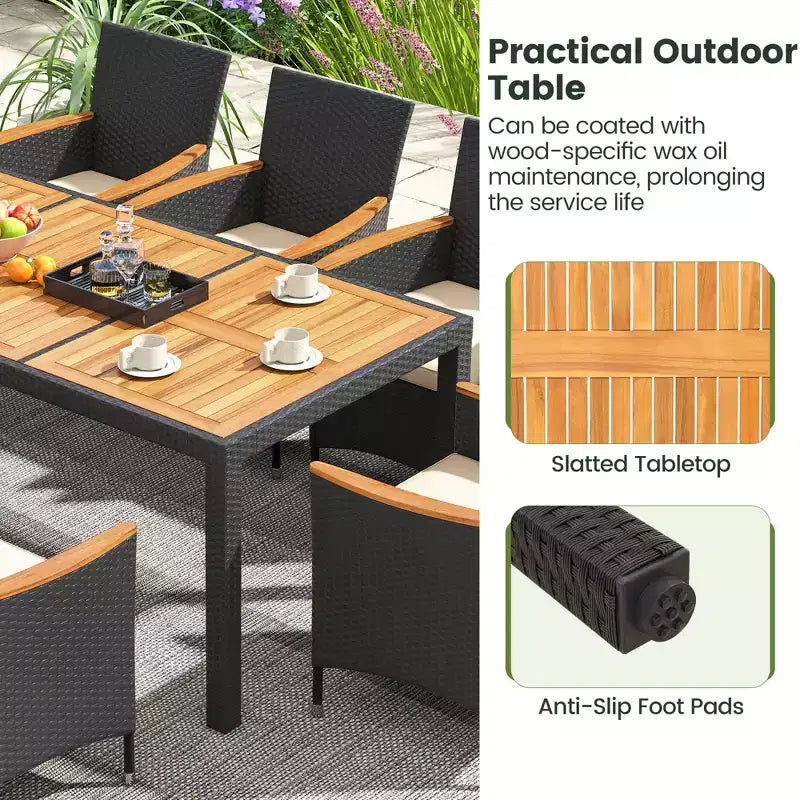 Ensemble de salle à manger d'extérieur 9 pièces Costway avec plateau de table en bois d'acacia, trou pour parasol, coussins d'assise