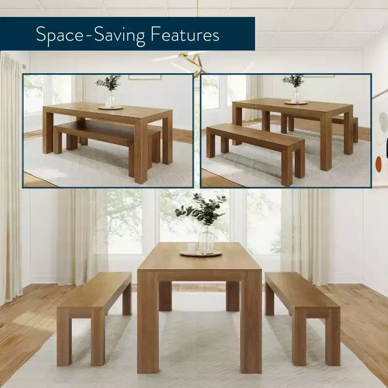 Ensemble de salle à manger moderne Plank+Beam en bois massif avec 2 bancs pour 6 personnes