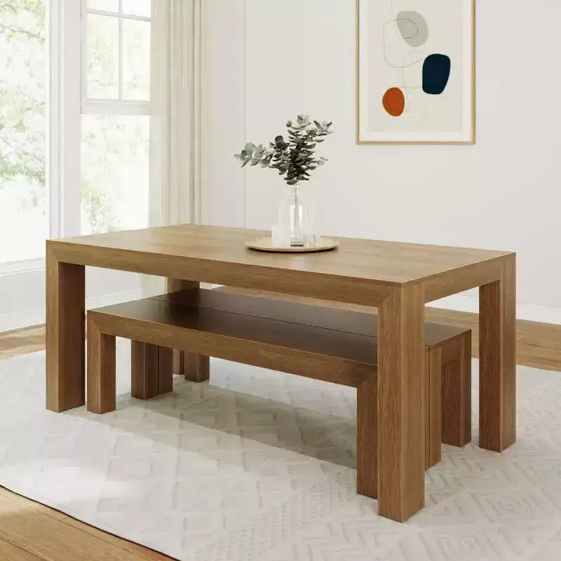 Ensemble de salle à manger moderne Plank+Beam en bois massif avec 2 bancs pour 6 personnes