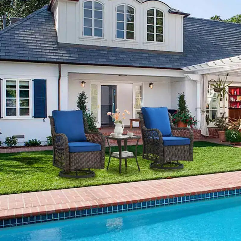 Ensemble de patio Whizmax 3 pièces d'extérieur avec fauteuils à bascule pivotants à 360 degrés, ensemble de 2 fauteuils à bascule pivotants avec table d'appoint en rotin, coussin bleu