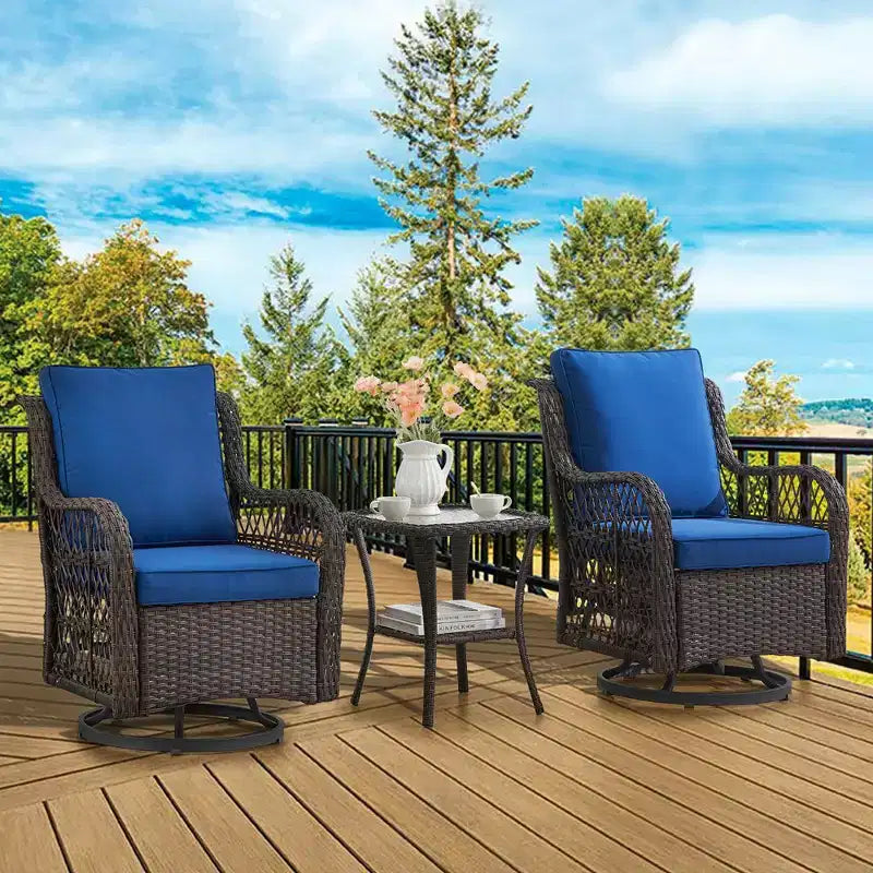 Ensemble de patio Whizmax 3 pièces d'extérieur avec fauteuils à bascule pivotants à 360 degrés, ensemble de 2 fauteuils à bascule pivotants avec table d'appoint en rotin, coussin bleu