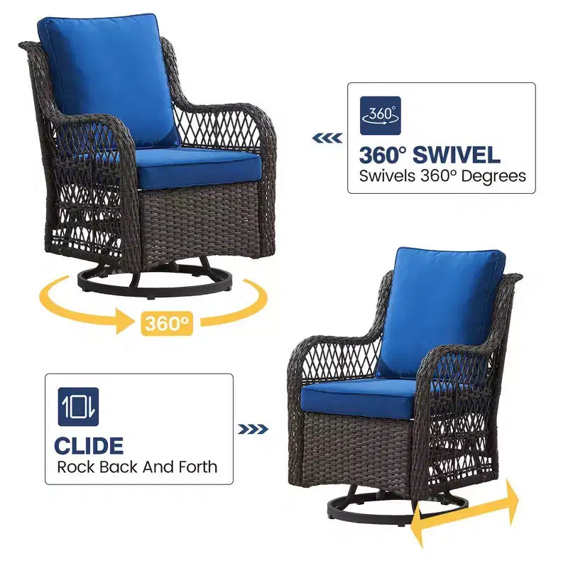 Ensemble de patio Whizmax 3 pièces d'extérieur avec fauteuils à bascule pivotants à 360 degrés, ensemble de 2 fauteuils à bascule pivotants avec table d'appoint en rotin, coussin bleu
