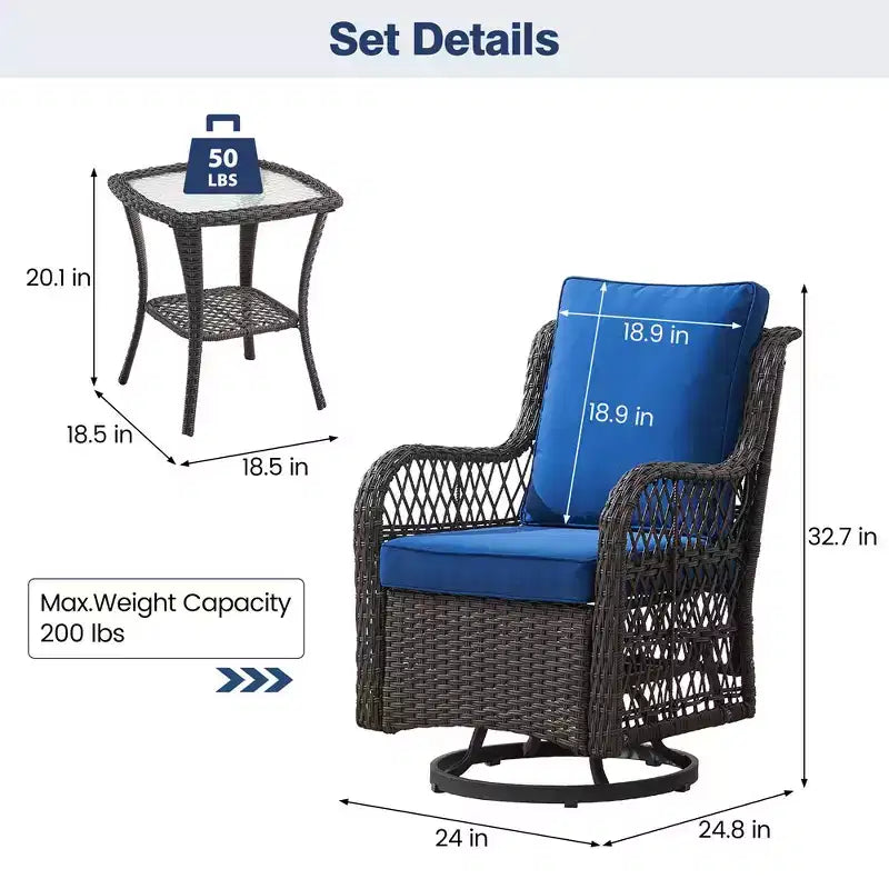 Ensemble de patio Whizmax 3 pièces d'extérieur avec fauteuils à bascule pivotants à 360 degrés, ensemble de 2 fauteuils à bascule pivotants avec table d'appoint en rotin, coussin bleu