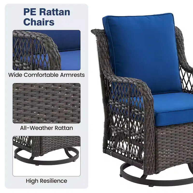 Ensemble de patio Whizmax 3 pièces d'extérieur avec fauteuils à bascule pivotants à 360 degrés, ensemble de 2 fauteuils à bascule pivotants avec table d'appoint en rotin, coussin bleu