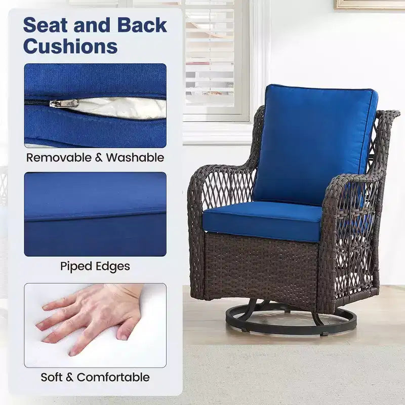 Ensemble de patio Whizmax 3 pièces d'extérieur avec fauteuils à bascule pivotants à 360 degrés, ensemble de 2 fauteuils à bascule pivotants avec table d'appoint en rotin, coussin bleu