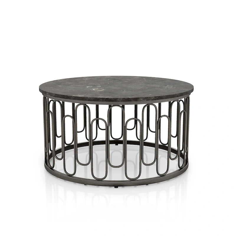 Table basse ronde moderne Lars avec plateau en marbre, pieds en métal, base décorative en métal robuste par Furniture of America
