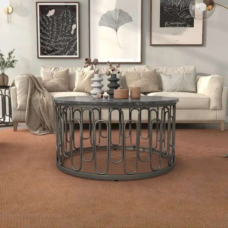 Table basse ronde moderne Lars avec plateau en marbre, pieds en métal, base décorative en métal robuste par Furniture of America