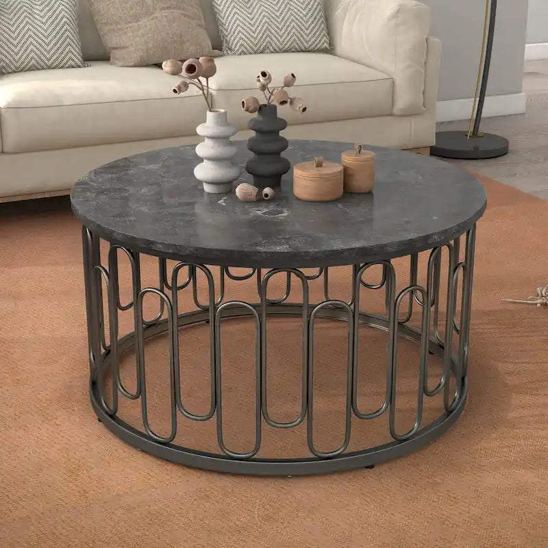 Table basse ronde moderne Lars avec plateau en marbre, pieds en métal, base décorative en métal robuste par Furniture of America