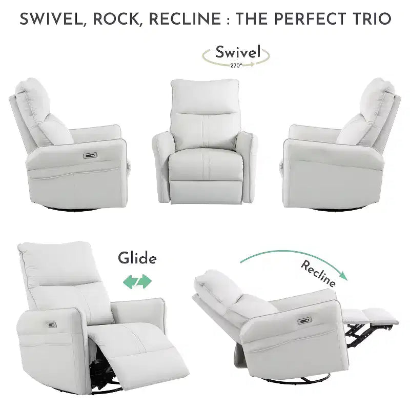 360/270 Degree Swivel Upholstered Rocking Recliner Chair with Side Pockets and USB Ports, Power Swivel Glider