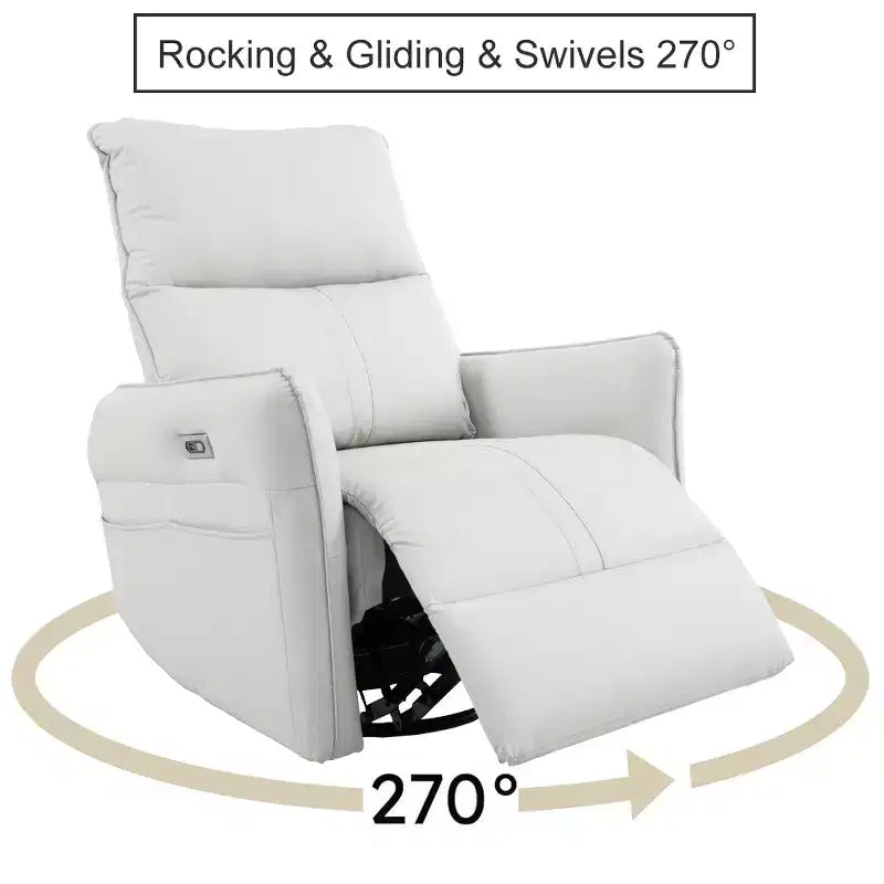 360/270 Degree Swivel Upholstered Rocking Recliner Chair with Side Pockets and USB Ports, Power Swivel Glider