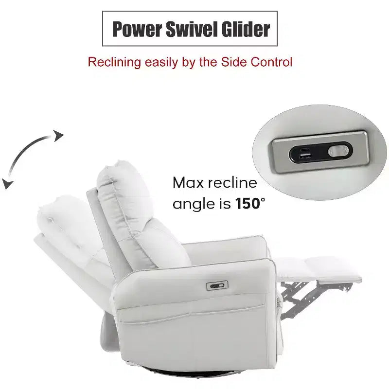 360/270 Degree Swivel Upholstered Rocking Recliner Chair with Side Pockets and USB Ports, Power Swivel Glider