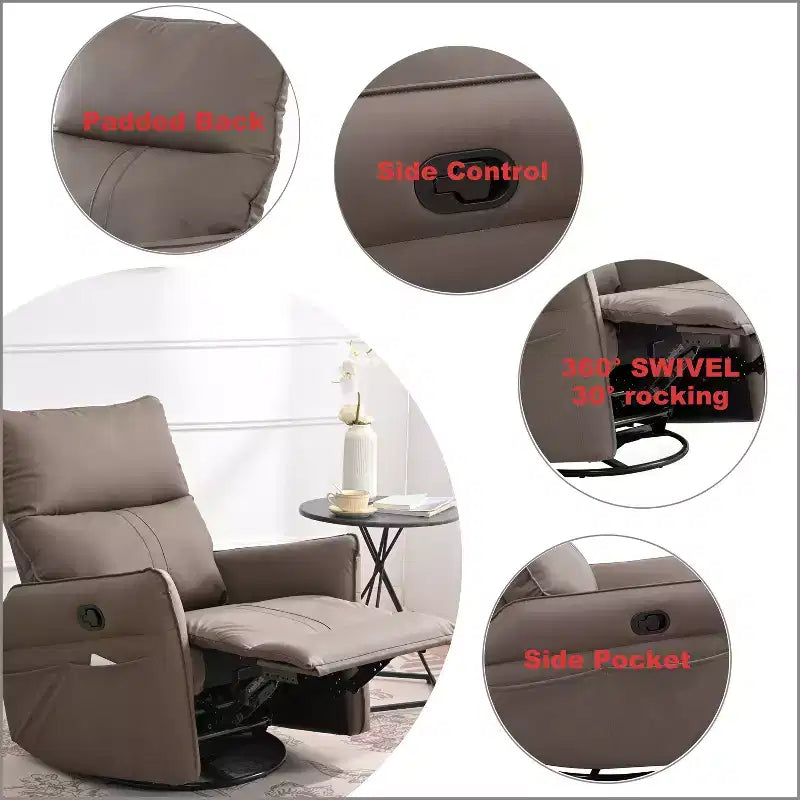 360/270 Degree Swivel Upholstered Rocking Recliner Chair with Side Pockets and USB Ports, Power Swivel Glider