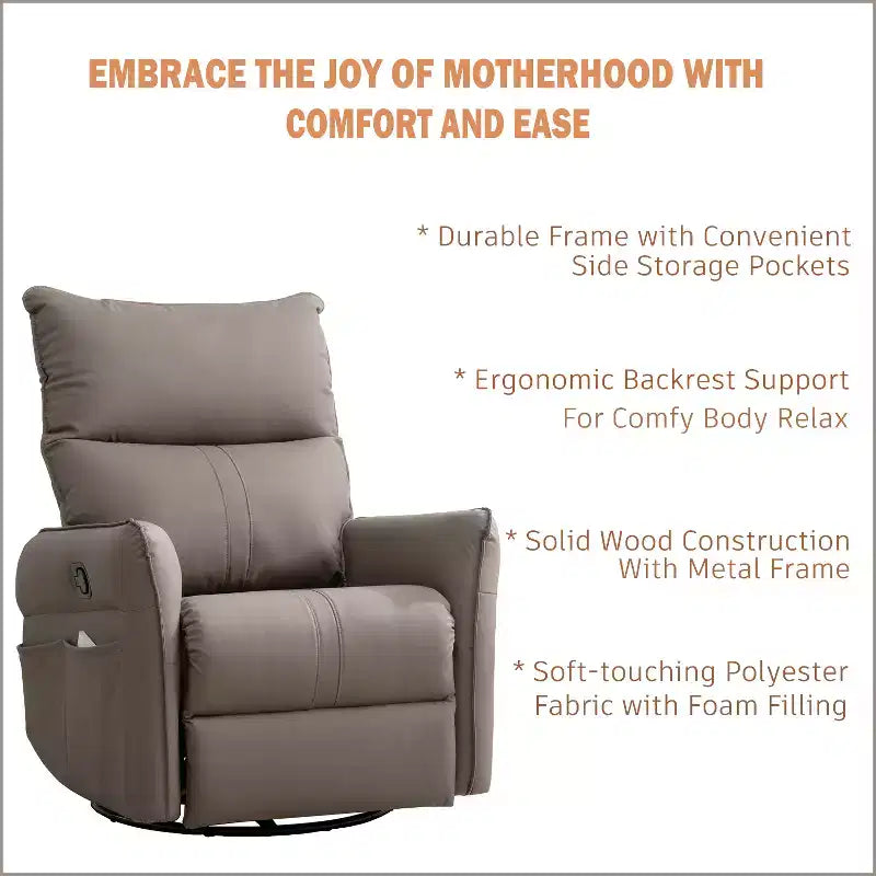 360/270 Degree Swivel Upholstered Rocking Recliner Chair with Side Pockets and USB Ports, Power Swivel Glider