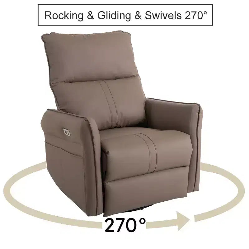 360/270 Degree Swivel Upholstered Rocking Recliner Chair with Side Pockets and USB Ports, Power Swivel Glider