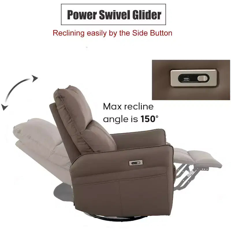 360/270 Degree Swivel Upholstered Rocking Recliner Chair with Side Pockets and USB Ports, Power Swivel Glider