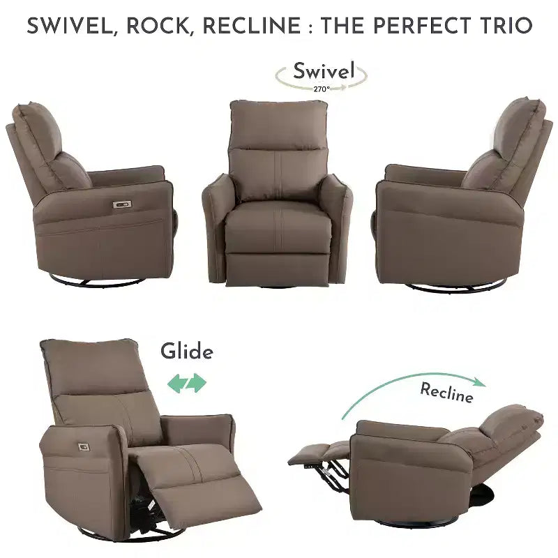 360/270 Degree Swivel Upholstered Rocking Recliner Chair with Side Pockets and USB Ports, Power Swivel Glider