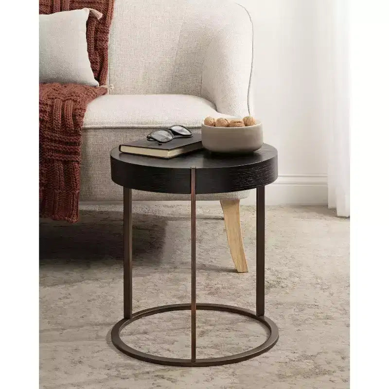 Round Side Table, Wood and Metal, 16x16x18, Black