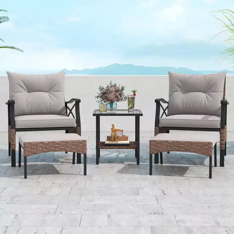 Costway Ensemble de Meubles de Patio 5 pièces avec Table Basse à 2 Niveaux et 2 Ottomans Coussins Inclus