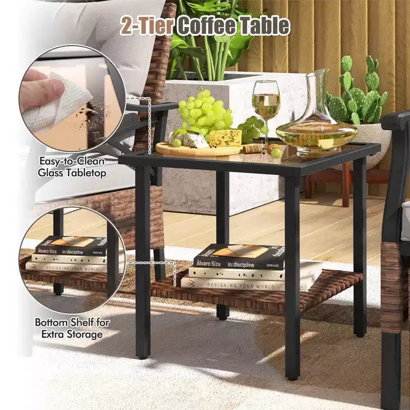 Costway Ensemble de Meubles de Patio 5 pièces avec Table Basse à 2 Niveaux et 2 Ottomans Coussins Inclus