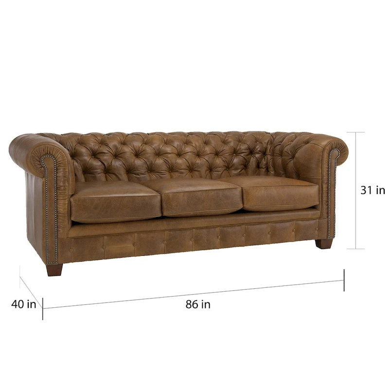 Canapé Chesterfield en cuir italien pleine fleur touffeté Hancock - 31 H x 86 L x 40 P