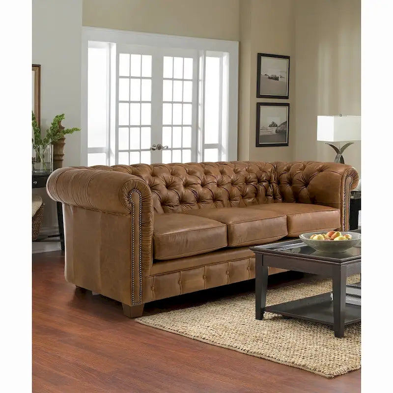 Canapé Chesterfield en cuir italien pleine fleur touffeté Hancock - 31 H x 86 L x 40 P