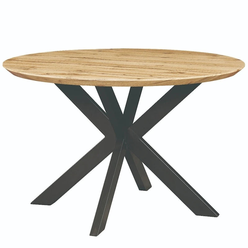 Table à manger ronde moderne Ravenna 47 en bois avec piètement géométrique en métal croisé pour la salle à manger et la cuisine