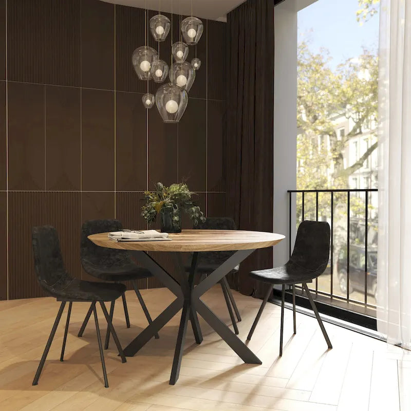 Table à manger ronde moderne Ravenna 47 en bois avec piètement géométrique en métal croisé pour la salle à manger et la cuisine