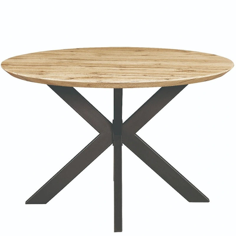 Table à manger ronde moderne Ravenna 47 en bois avec piètement géométrique en métal croisé pour la salle à manger et la cuisine