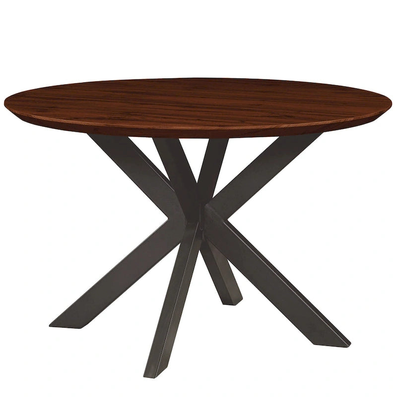 Table à manger ronde moderne Ravenna 47 en bois avec piètement géométrique en métal croisé pour la salle à manger et la cuisine