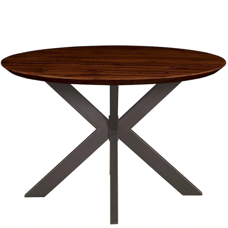 Table à manger ronde moderne Ravenna 47 en bois avec piètement géométrique en métal croisé pour la salle à manger et la cuisine
