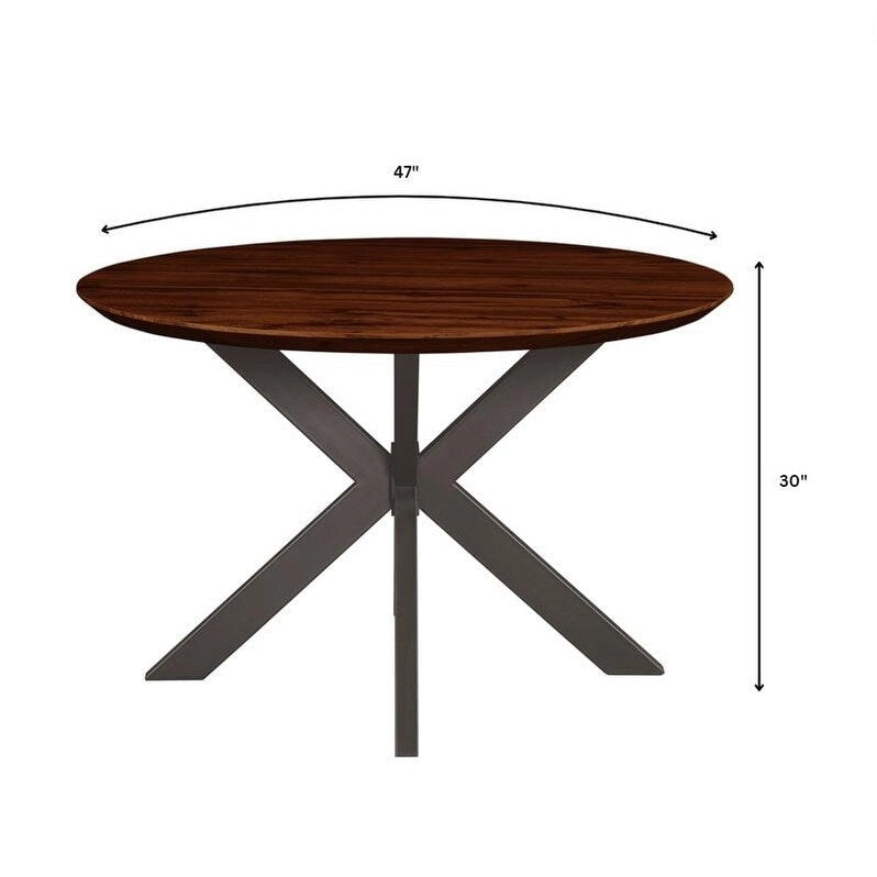 Table à manger ronde moderne Ravenna 47 en bois avec piètement géométrique en métal croisé pour la salle à manger et la cuisine