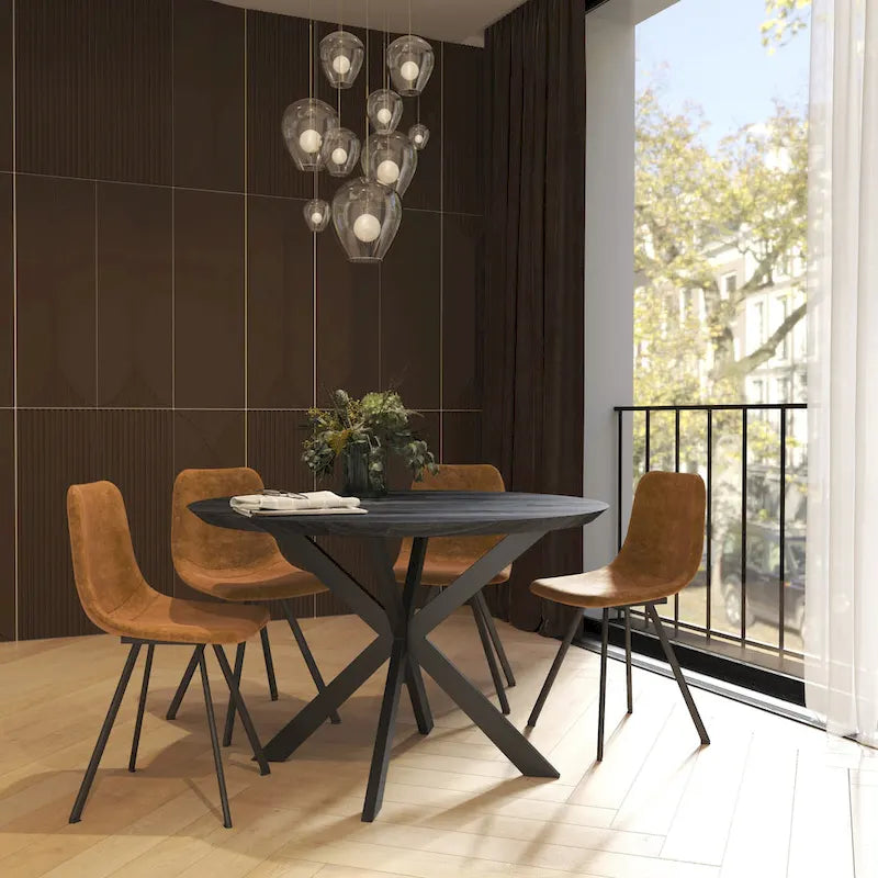 Table à manger ronde moderne Ravenna 47 en bois avec piètement géométrique en métal croisé pour la salle à manger et la cuisine