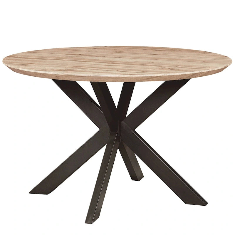 Table à manger ronde moderne Ravenna 47 en bois avec piètement géométrique en métal croisé pour la salle à manger et la cuisine