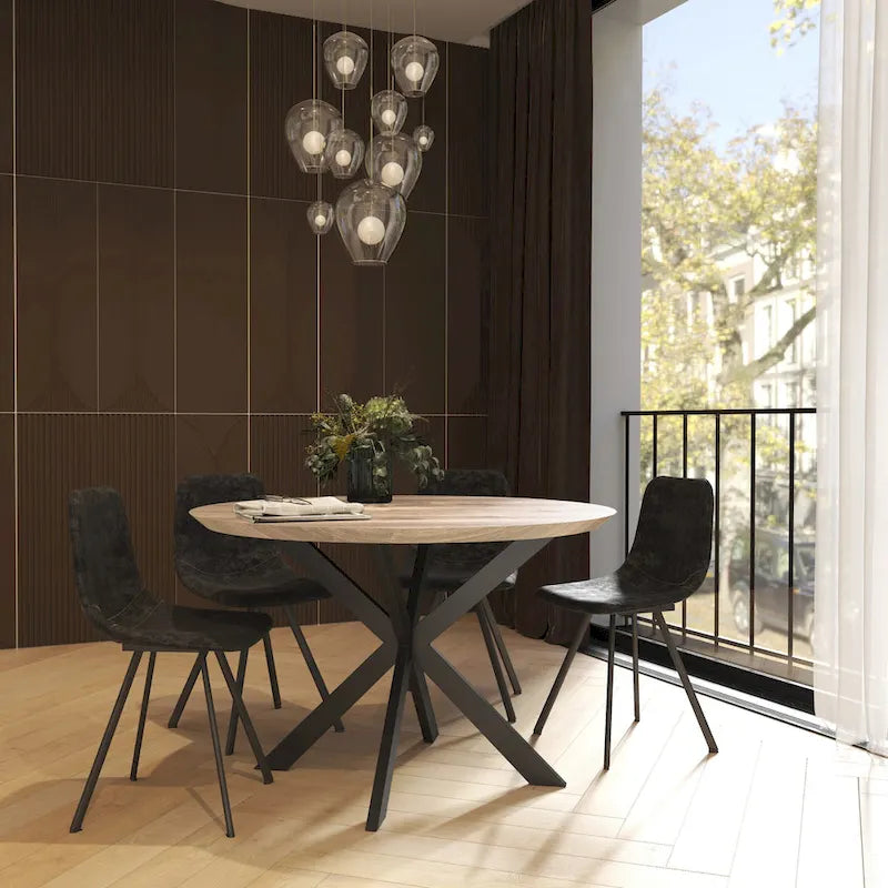 Table à manger ronde moderne Ravenna 47 en bois avec piètement géométrique en métal croisé pour la salle à manger et la cuisine