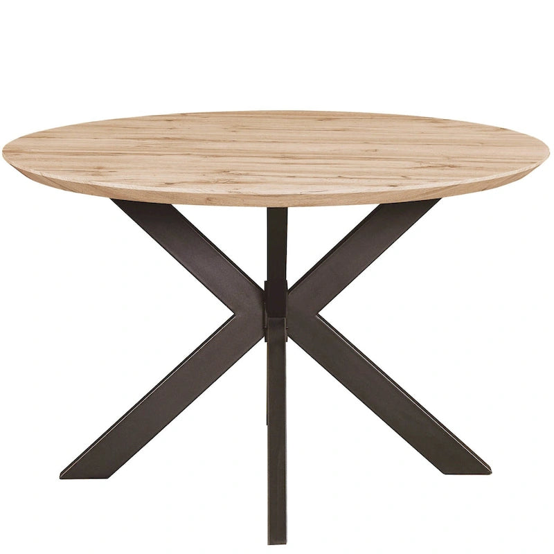 Table à manger ronde moderne Ravenna 47 en bois avec piètement géométrique en métal croisé pour la salle à manger et la cuisine