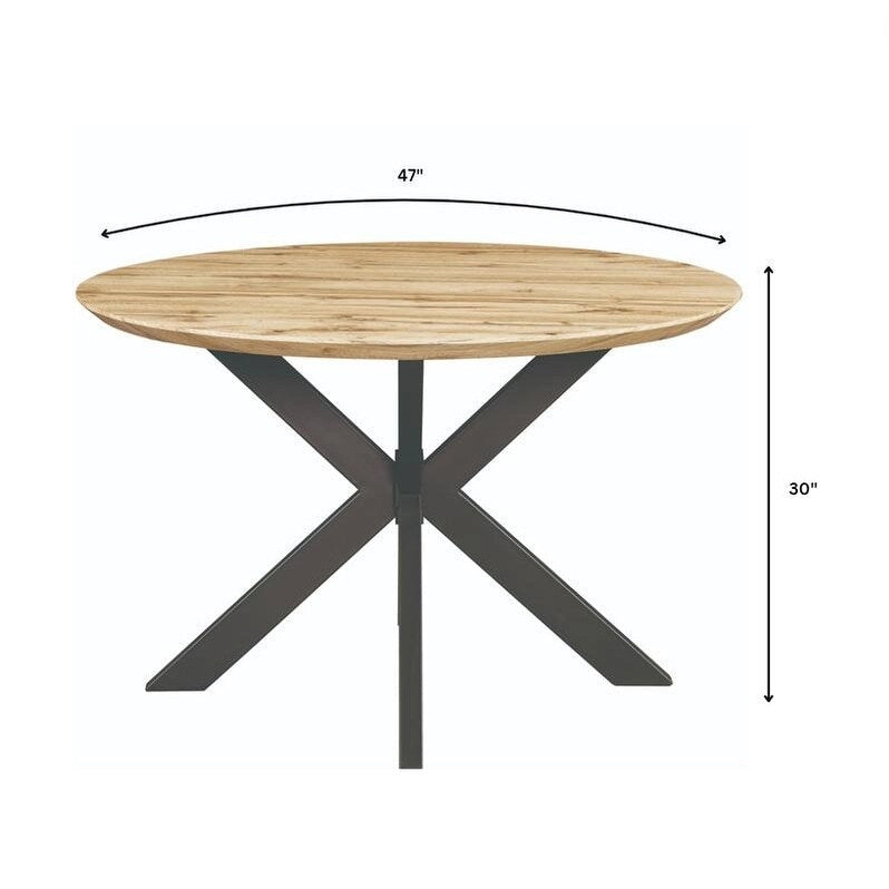 Table à manger ronde moderne Ravenna 47 en bois avec piètement géométrique en métal croisé pour la salle à manger et la cuisine